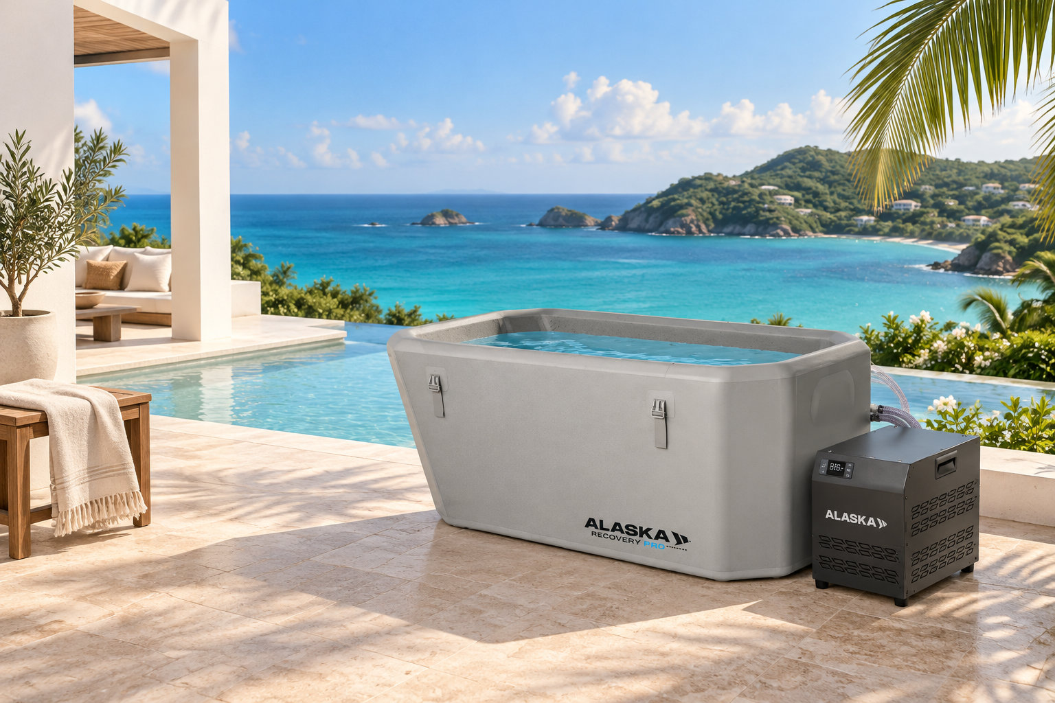 ICE AGE cold plunge on an oceanfront villa terrace — illustrative setting